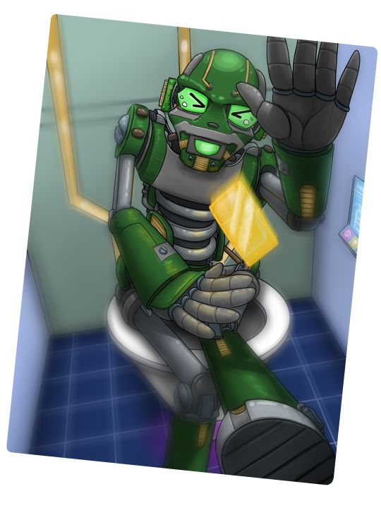 Illustration eines Schnappschusses von einem Roboter auf der
   Toilette. 