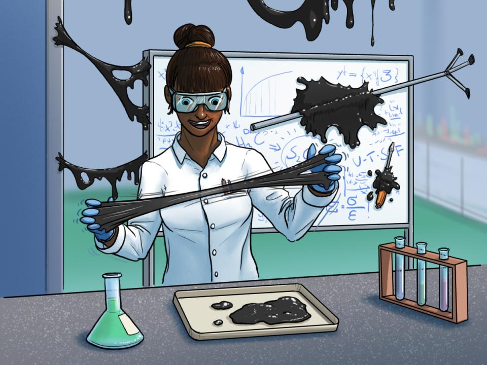 Eine Wissenschaftlerin im Laborgewand, im Labor beim Erforschen von künstlichem Kautschuk, hinter ihr ein Whiteboard und um sie herum verteilt schwarze Gummiflummis.